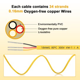 18 Gauge 3 Conductor Electrical Wire, 50FT/15M yellow Thermostat Wire, PVC Stranded Tinned Copper 3Wire Cable, Flexible Extension Cord