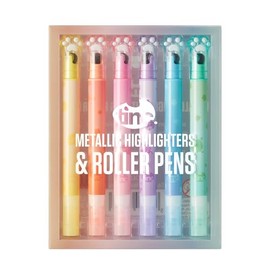 Tinc Set of 6 Cute Roller Print Metallic Highlighter Pens, roller ball prints different designs, dual tip, six colours to choose from