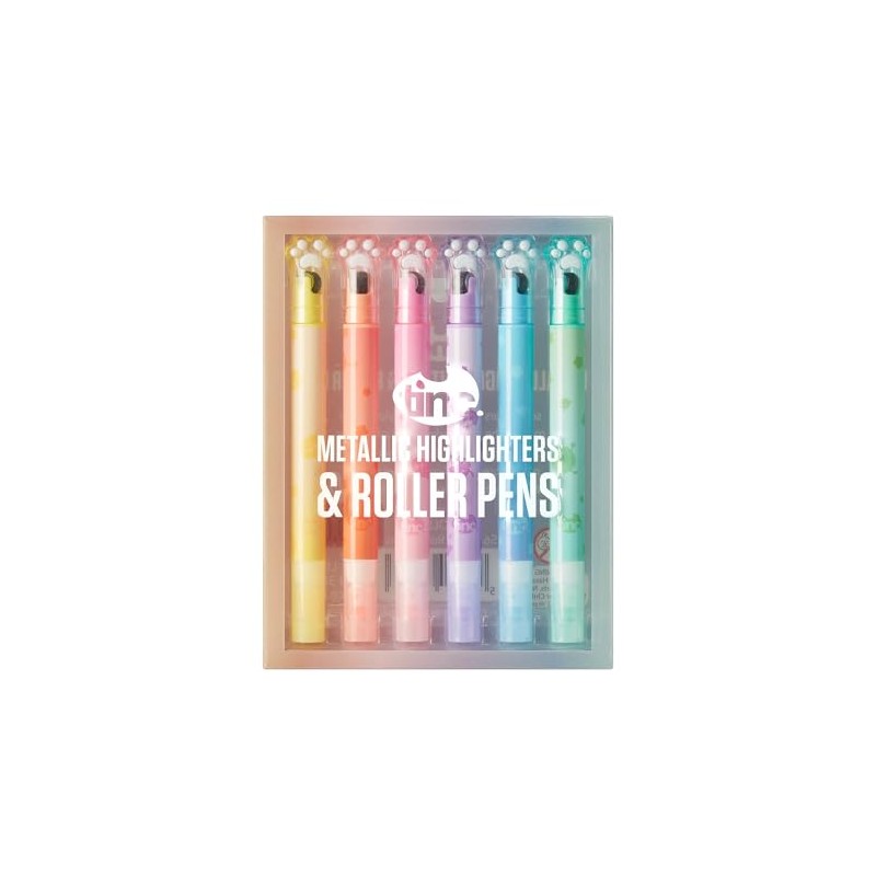 Tinc Set of 6 Cute Roller Print Metallic Highlighter Pens,