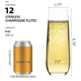 FAWLES Stemless Champagne Flutes Set of 12, Crystal Glass, 8 oz Champagne Glasses, Prosecco Mimosa Glasses Set
