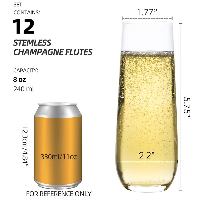 FAWLES Stemless Champagne Flutes Set of 12, Crystal Glass, 8