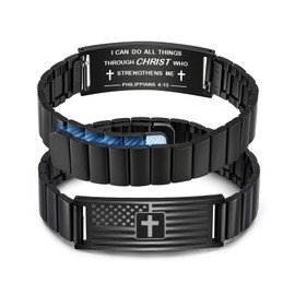 FLHEART Cross Bible Verse Bracelets for Men, American Flag/Flag Adjustable Stainless Steel Bracelet Jewelry Christian Religious Gifts for Men Husband Dad Son