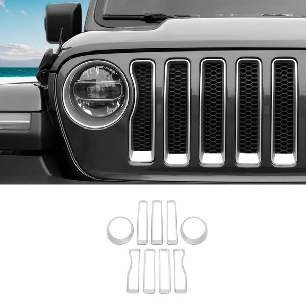 SQQP Mesh Grille Grill Insert+Headlight Turn Light Cover Trim Compatible with 2018-2023 Jeep Wrangler JL JLU (Chrome)