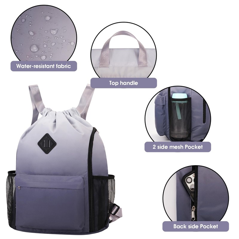 WANDF Drawstring Backpack Sports Gym Bag with Shoes Compartment, Water-Resistant