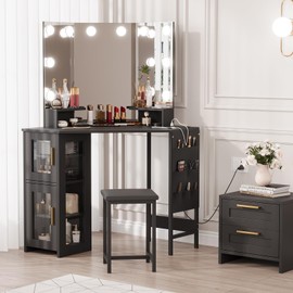 Garvee Corner Vanity Desk and Stool, Corner Makeup Vanity with Light Bulbs Mirror Charging Station and Cabinet for Bedroom, Black