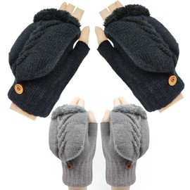 Winter Fingerless Gloves for Women Warm Knitted Cold Weather Convertible Half Finger Mittens with Flap Cover Black Gray Thermal Fleece Lined Outdoor Indoor Texting Work Ski (2 Pairs)