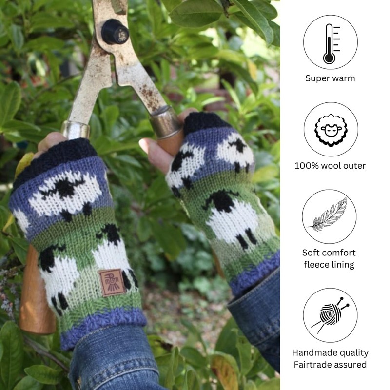 Pachamama Women Wool Hand Warmers Fleece Lined Handknitted Sheep Multicoloured