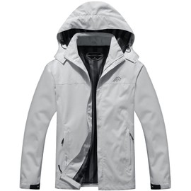 OTU Men's Lightweight Waterproof Hooded Rain Jacket Outdoor Raincoat Shell Jacket for Hiking Travel Light Grey L