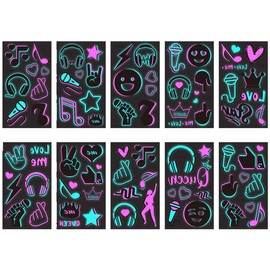 TEOZBLU 10 Blätter Leuchttattoos für Kinder, Sicher und Einfach zu Verwenden Neon Tattoos hautfreundlich, Musiknoten Zahlen Kronen Schwarzlicht Tattoos-A
