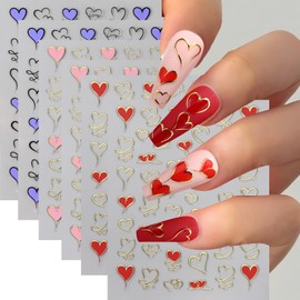 6 Sheets Heart Nail Art Stickers Love Hearts Nail Decals 3D Self Adhesive Pink Purple Red Heart Nail Design Stickers Valentine's Day Hollow Heart Nail Supplies for Women Girls DIY Acrylic Manicure Set