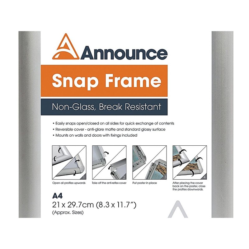 Announce A4 Snap Frame (25mm anodised Aluminium Frame, Wall fixings