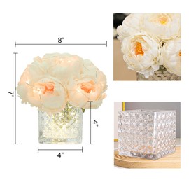 GreenHouzz Artificial Peony Silk Flower Centerpieces with LED Light Faux Floral Arrangement in Glass Vase for Home Wedding Table Decoration (Cream White)