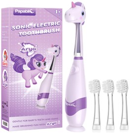 Papablic Cepillo de dientes eléctrico Sonic para niños de 1 a 3 años, cepillo de dientes eléctrico para bebés con linda cubierta de unicornio y temporizador LED inteligente, 4 cabezales de cepillo