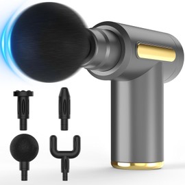 Massage Gun Deep Tissue – Electric Mini Handheld Massager 4 Interchangeable Heads, Quiet Motor for Back, Neck, Shoulders & Body Relief (Grey Button Massager)