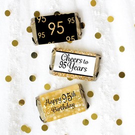 DISTINCTIVS Black and Gold 95th Birthday Mini Candy Bar Wrappers - 42 Stickers, 95th Birthday Decorations