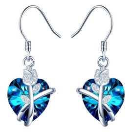 Earrings Silver 925 Hanging Women's Crystal Heart Rose Long Drop Earrings with Cubic Zirconia Jewellery Gifts for Women, Sterling Silver, Crystal