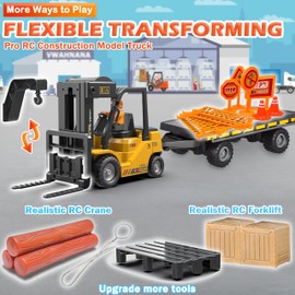 VWAHNANA RC Forklift Toy with Trailer, Kids Forklift Construction Toys Set with Flatbed Truck & Crane Toy Hook, 2 Battery/Spray/Light, Remote Control forklift Toys for 6 7 8 9 10-12 Year Old Boys Gift