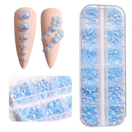 Pearl Decorations Nail Charms Round Nail Parts ,Half Round Nail Art Supplies, Shiny Design Nail Pearls for Women Jewelry Nail Art Accessories DIY Craft Bag,Shoes,Cup Decoration (Sky Blue)