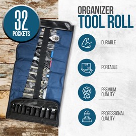 32 Pocket Tool Roll Organizer - Wrench Organizer & Tool Pouch - Wrench Roll Includes Pouches for 10 Sockets - Roll Up Tool Bag for Electrician, HVAC, Plumber, Carpenter or Mechanic - From Rugged Tool