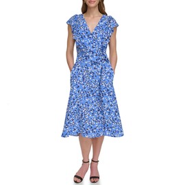 ELIZA J Women's Fit and Flare Midi Silhouette Dress with Tie Waist, Blue, 10