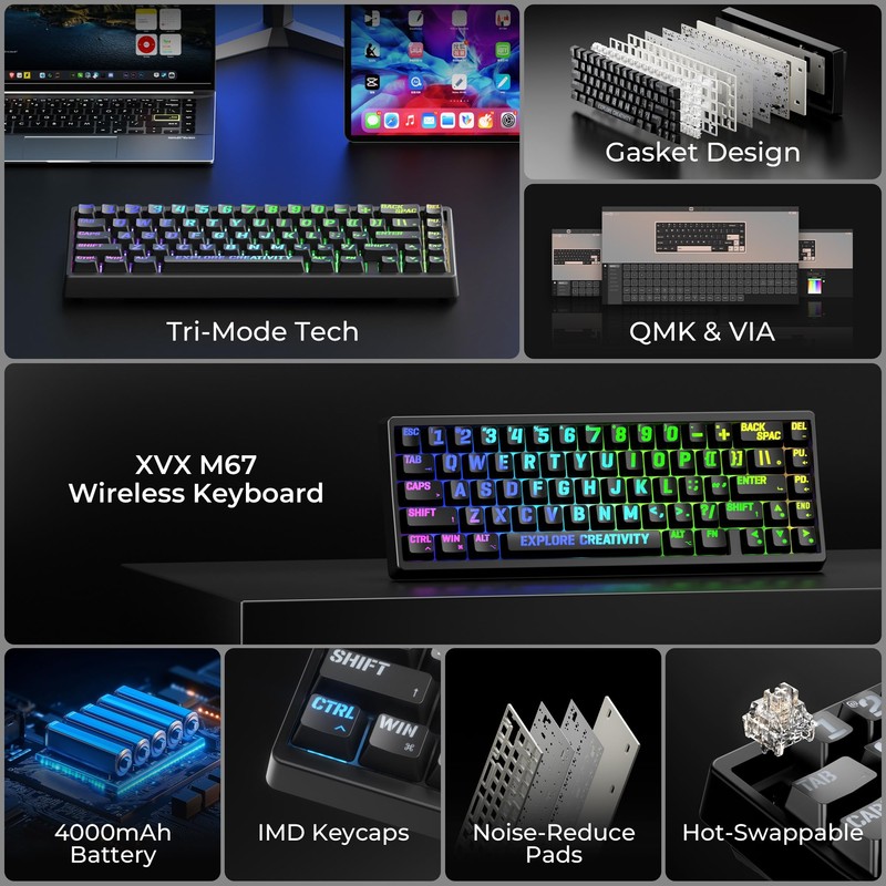 x XVX M67 Wireless 60% Percent Keyboard, QMK/VIA Topographic Gaming