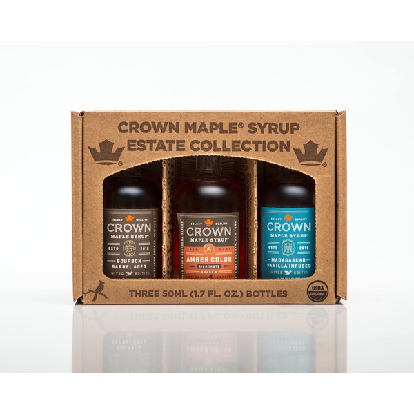 Crown Maple Premium Trio Collection in Petite 50ML (1.7 Fl. Oz.) Window Box featuring Amber Color, Bourbon Barrel Aged, and Madagascar Vanilla Infused Organic Maple Syrup