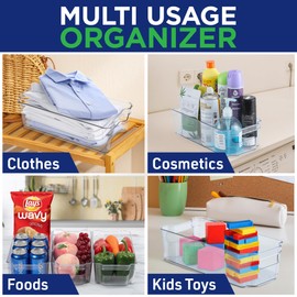 Lifemaster Multi-Purpose Refrigerator Bins - 4 Pieces Usable And Stackable Design Fridge Bin Organizer With Easy Grip Handles - Clear