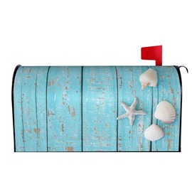 Duduho Summer Seashell Beach Starfish Mailbox Cover Magnetic Turquoise Wooden Background Mailbox Wraps Post Box Cover Décor 25.5x21 in