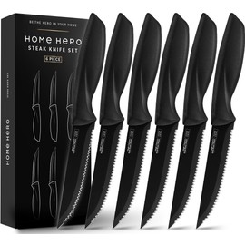 Home Hero Steak Knife Set - Nonstick Serrated Steak Knives - Stainless-Steel Kitchen Knife Set - Ergonomic TPR Handles for Precision Meat Carver - 6-Pc Set, Black