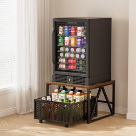 Urban Deco Mini Fridge Stand with Storage, Heavy Duty Fridge Cart with Drawer Basket, Mini Refrigerator Table for 220 LBS, Mobile Fridge Stand with Swivel Wheels for Dorm,Office,Home, Retro Brown