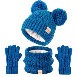 Kids Winter Hat Scarf Gloves Set Children's Warm Knit Fleece Lined PomPom Hat for Kids Ages 3-9, Perfect for Boys and Girls