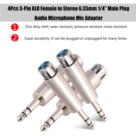 4Pcs 3-Pin Silver XLR Female to Stereo 6.35mm 1/4 Inch Plug Audio Micrófono Adaptador de micrófono Conector para conexión de cable de audio XLR de micrófonos, reproductores, guitarras, etc.