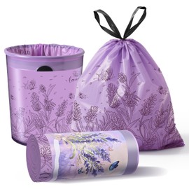 Thryoss Lavender Scented Small Garbage Bags,Trash Bags 4 gallon Drawstring For Bathroom,Office,Bedroom,Car,Suitable for 2-4 gallon trash can,colorful Print,purple,50 Counts