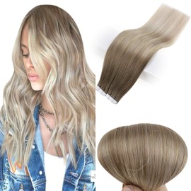 Full Shine Remy Human Hair Tape In Extensions 20 Inch Ombre Hair Tape Ins Color 8 Ash Brown Fading To 18 Ash Blonde and 60 Platinum Blonde Balayage Tape Hair Double Sided 40 Pieces 100 Grams