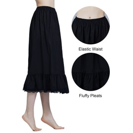 BEAUTELICATE Half Slip Underskirt 100% Cotton Women Petticoat Skirt Extender with Ruffle Lace Trim Long Tea Length 32'' Black S
