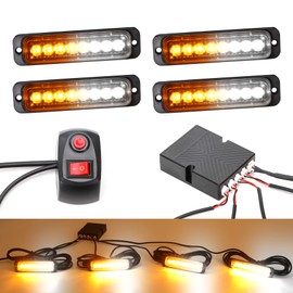 ROUTEKING 4X8LEDs Car Strobe Flash Lights Hazard Warning Beacon Emergency Flashing Lights14 Modes with Main Control Box Universal for 12V 24V Car Vehicle Truck Trailer Caravan Camper Van (Amber/White)