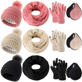 Liitrsh 12 Pcs Winter Beanie Hat Scarf Gloves Set Knitted Beanie Hat Circle Scarves Gloves Earmuff for Women Men(Black, Pink, Beige,Plush)