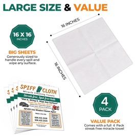 Spiff Cloth (4-Pack, Miracle Cleaning Towels, Streakfree Cloths for Multi-Purpose Cleaning, Chemical Free, 16" x 16" Reusable and Washable