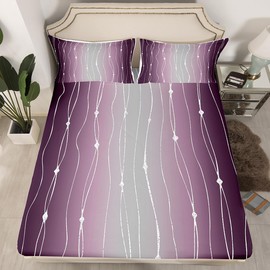 Erosebridal Purple and Grey Watercolor Bed Sheets Set Wave Stripe and Dots King Size Sheet Sets, Geometric Aesthetic Sheets Ombre Gradient Bed Set, Modern Abstract Lines Flat Sheet
