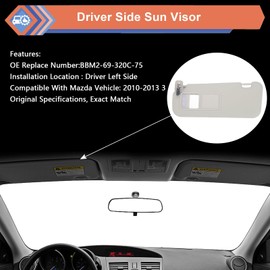 ZONFANT Left Driver Side Sun Visor with Light Compatible with Mazda Vehicle 3 2010-2013, Replaces#BBM2-69-320C-75 BBM3-69-320C-75