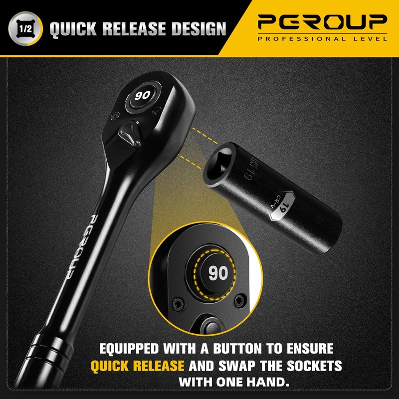 pgroup 1/2-Inch Drive Ratchet Wrench, 90 Tooth Reversible Ratchet, 4-Degree