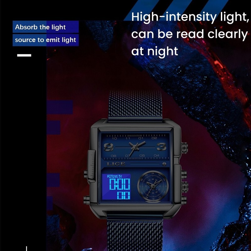 Lige Fashion Men Watch Electrical Quartz Digital Week 3ATM Waterproof