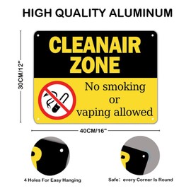 Warning Metal Sign Cleanair Zone No Smoking Or Vaping Allowed Outdoor Durable Metal Tin Signs UV Protected Waterproof Fade Resistance Aluminum Metal Wall Sign Decor For Trails s College Dorms 12x16in