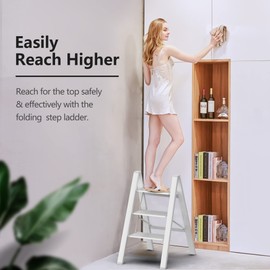 SOLADDER Step Ladder 3 Step Folding, Small Step Stool for Adults, Portable Anti-Slip Iron Stepladder with Wide Pedals for Home and Kitchen Use, Space Saving - White (300 lbs)