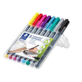 STAEDTLER Lumocolor Permanent Universal Pen, Smudge-proof and Waterproof, Dries in Seconds, F-Tip - Line Width 0.6 mm, 8 Markers in Brilliant Colours, 318 WP8-2