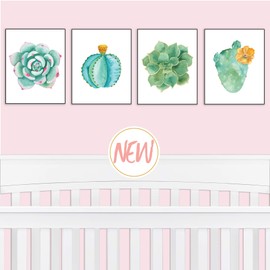 Succulent Decor Girl's Room Decor - Cactus Nursery Decor Wall Art Set Bundle | Cactus Office Decor Easy to Frame Prints 8x10in | 4 (UNFRAMED) Prints | Floral Succulent Wall Art for Baby Girl Nursery