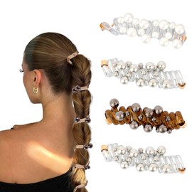 BOXOB 4pcs Elastic Spiral Hair Ties, Plastic Hair-Friendly Pearl Phone Cord Ponytail Holders Elegant Accessories for Women Daily Use (White, Silver, Black)