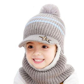 Uniyoung Baby Winter Warm Hat Scarf Toddler Girls Boys Ear Flaps Hood Balaclava Kids Fleece Lining Knit Pompom Beanie Hat with Visor Ski Snow Caps for 1-5 Years (Grey)