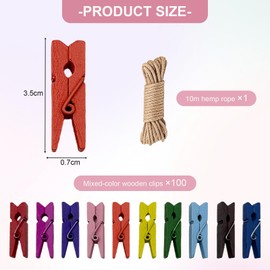 Pack of 100 Small Wooden Pegs, 3.5 cm, Wooden Clothes Pegs, 10 Colours, Colourful for Clips, Pictures, Photos, Postcards