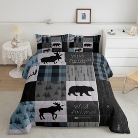 Camping and Hunting Themed Bedding Set, for Girls Boys Children Wildlife Decor Comforter Set Camper Themed Comforter Room Decor Deer Elk Bear Print Duvet Set Twin Size Quilt Set